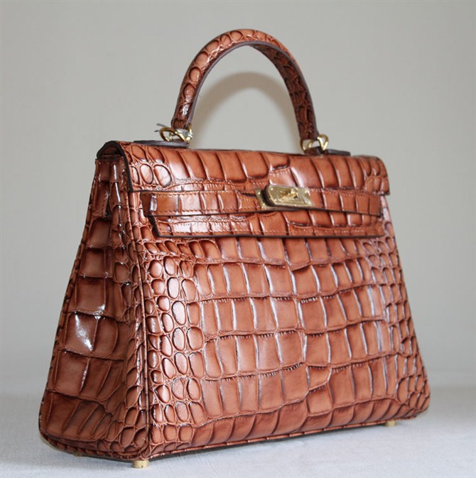 7A Replica Hermes Kelly 32cm Crocodile Veins Leather Bag Dark Coffee HC0001 (5) - Click Image to Close